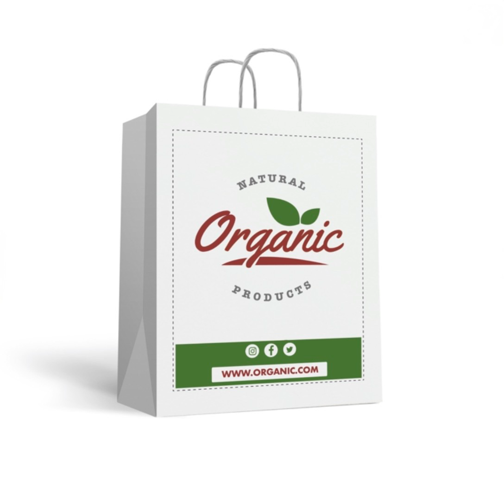 Bolsas de Papel Blanca, con asas retorcidas. Impresa